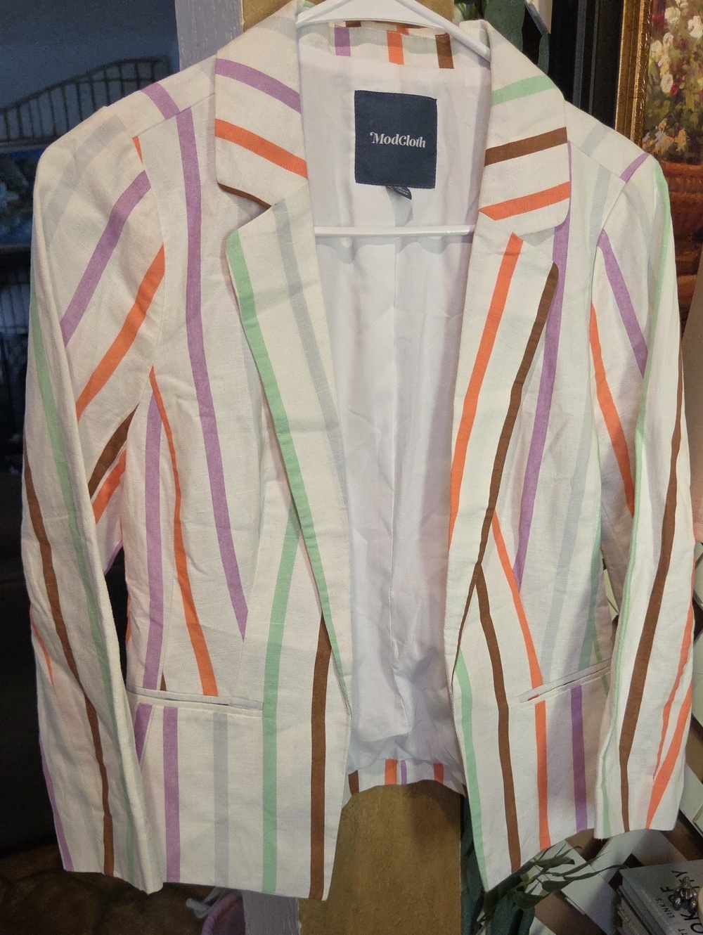 ModClcloth Striped Linen Blazer in White with Orange, Purple & Mint